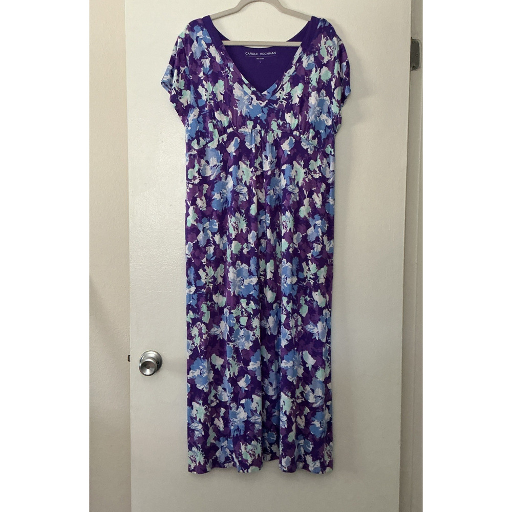 Carole Hockman Large Purple Floral Long Maxi Nightgown Pockets Side Slits